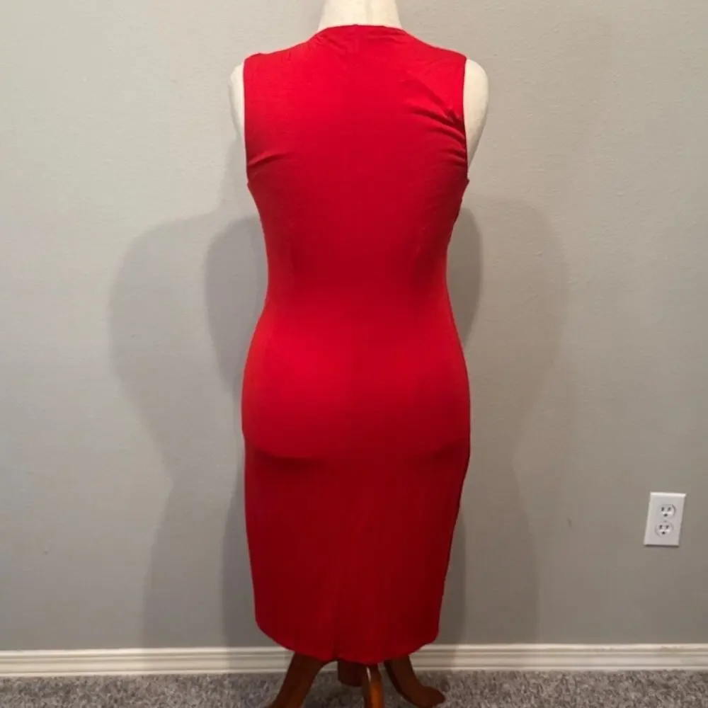 Lauren Ralph Lauren dress red knit sleeveless faux wrap midi length bodycon Sz M - Picture 4 of 7